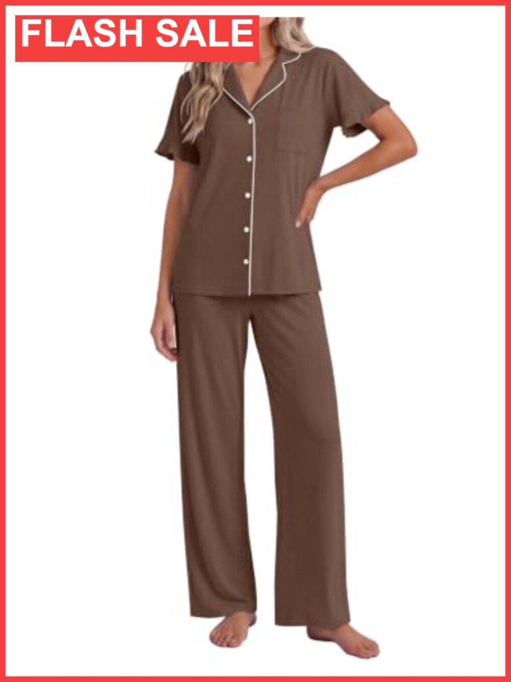Women's 2 Piece Pajama Set Short Sleeve Button Up Ruffle Lounge Sleepwear